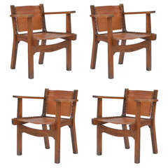 Set of 4 French 40's Oak and Leather Paddle Armchairs