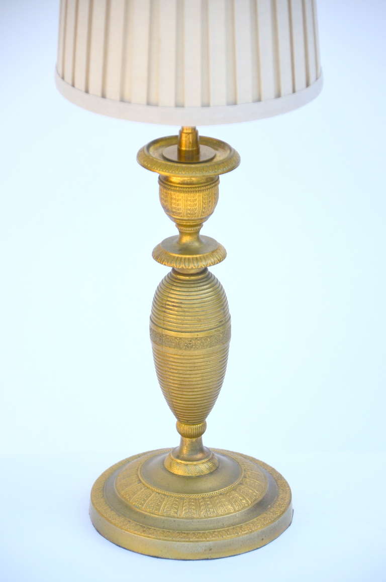 French Pair of Small Gilt Bronze Table Lamps in the style of Armand-Albert Rateau