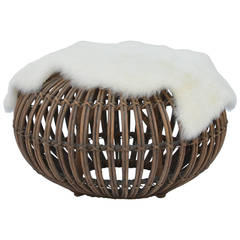 Rattan Ottoman or Stool in the Style of Franco Albini with Fur Cover