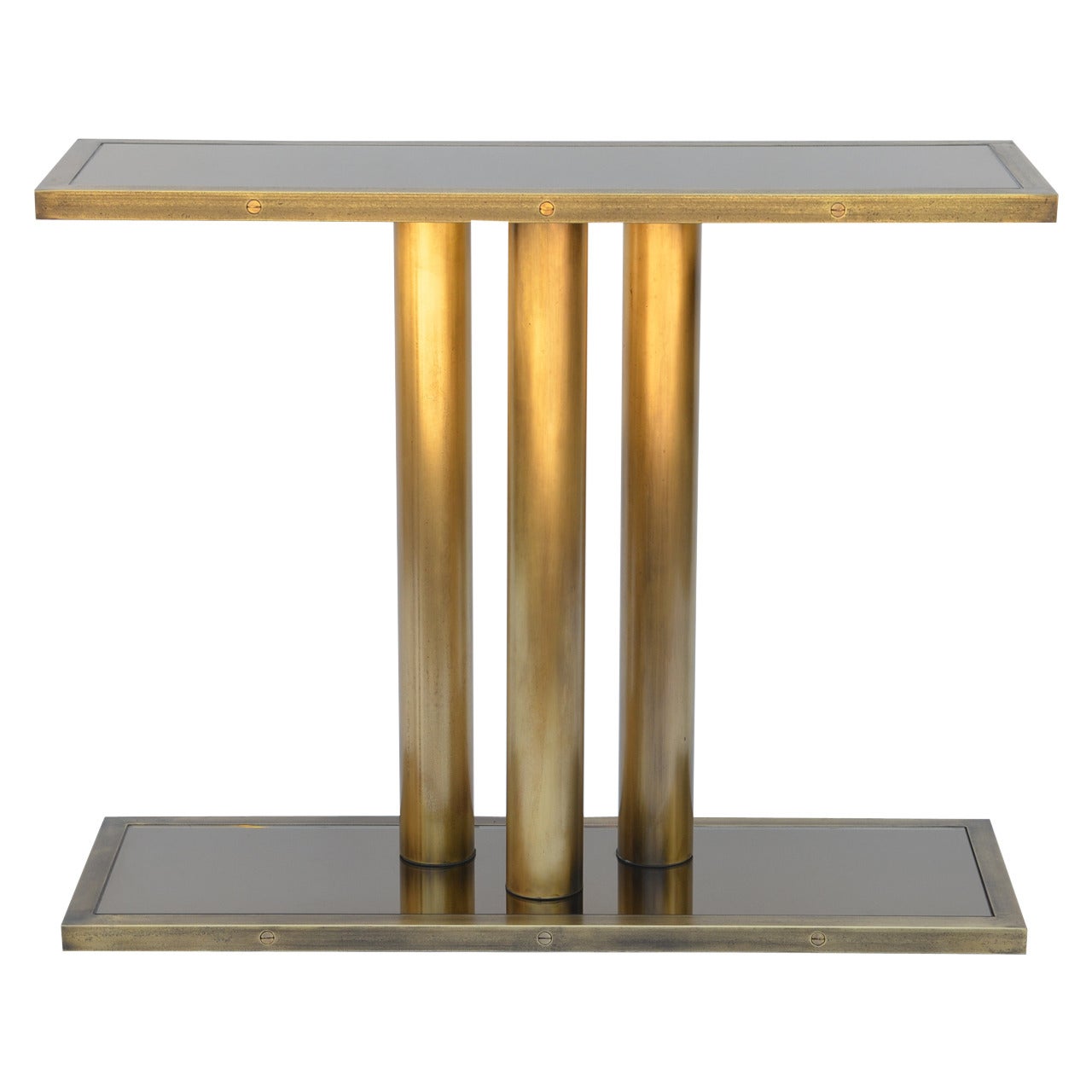Narrow Brass Pedestal and Bronze Mirrored Console