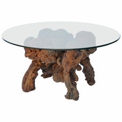 Organic Modern Quadripod Bog Wood and Glass Coffee Table