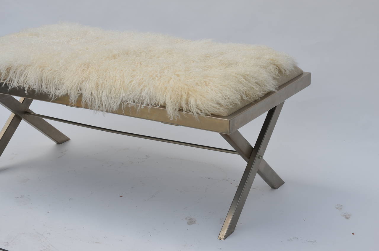 Organic Modern Pair of Stainless Steel and Mongolian Lamb Benches in the Style of Maria Pergay