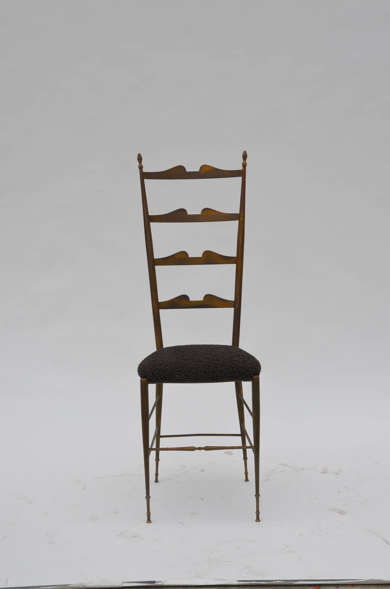 Tall Patinated Brass and Astrakhan Seat Side Chair by Chiavari.