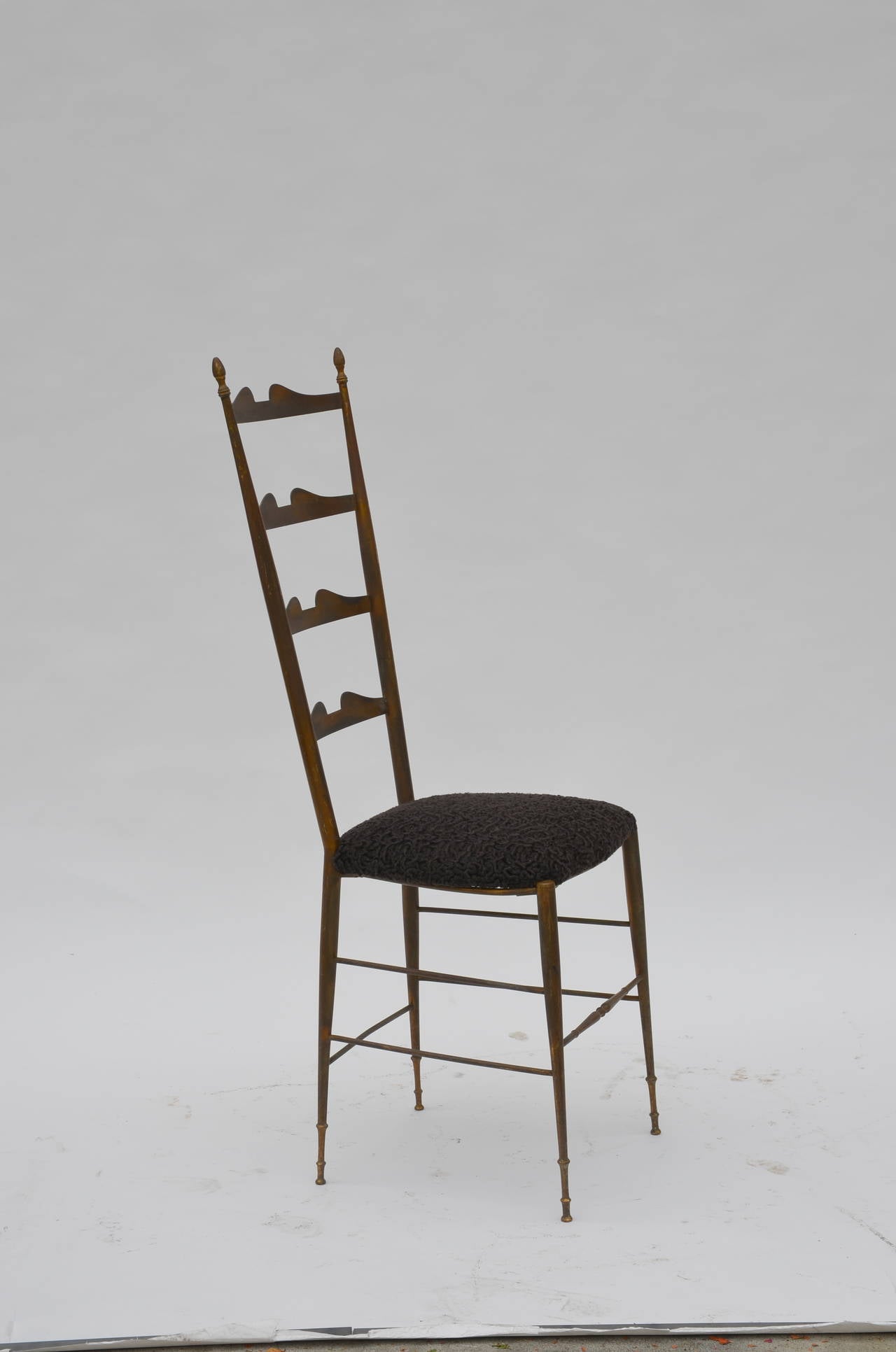 Tall Patinated Brass and Astrakhan Seat Side Chair by Chiavari In Good Condition In Los Angeles, CA