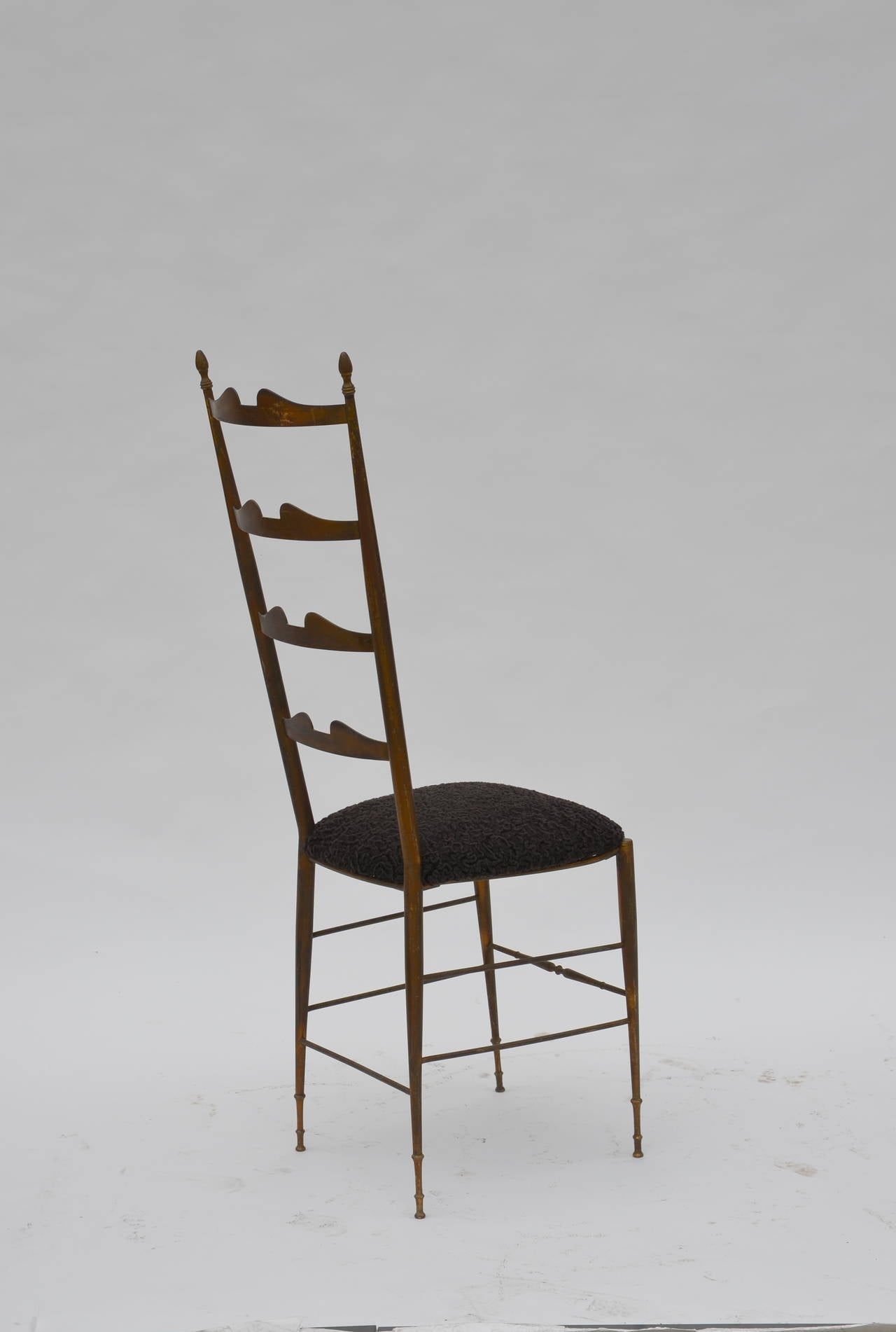 Italian Tall Patinated Brass and Astrakhan Seat Side Chair by Chiavari