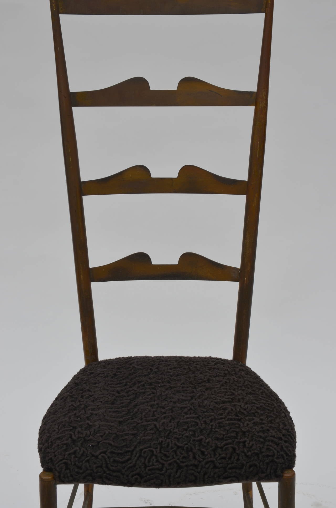 Mid-20th Century Tall Patinated Brass and Astrakhan Seat Side Chair by Chiavari