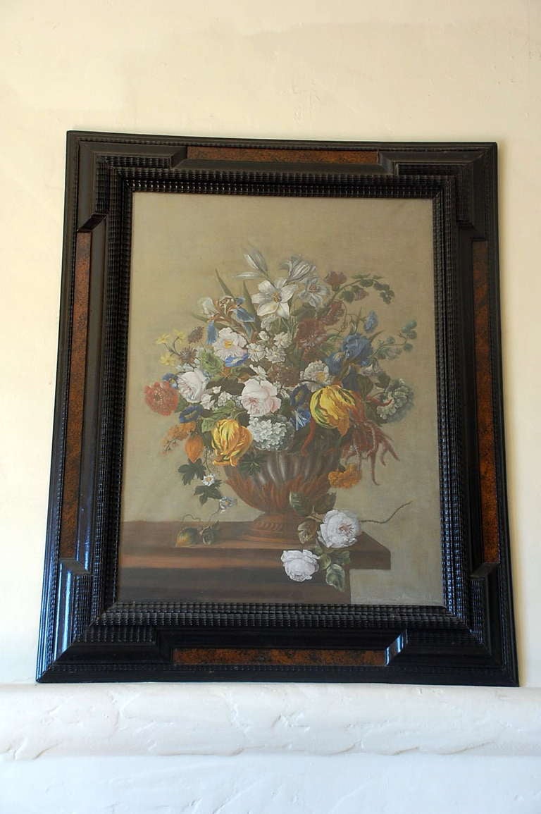 Detailed 18th century style framed pastel bouquet drawing. Intricate burlwood and ebonized wood period frame. Very decorative.