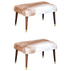 Pair of Chic Calf Hide Upholstered Ottomans / Stools