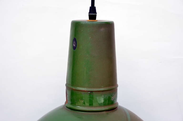 Mid-20th Century Set Of 3 Enameled Large Green Industrial Hanging Lights