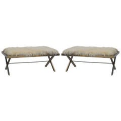 Pair of Stainless Steel and Mongolian Lamb Benches in the Style of Maria Pergay