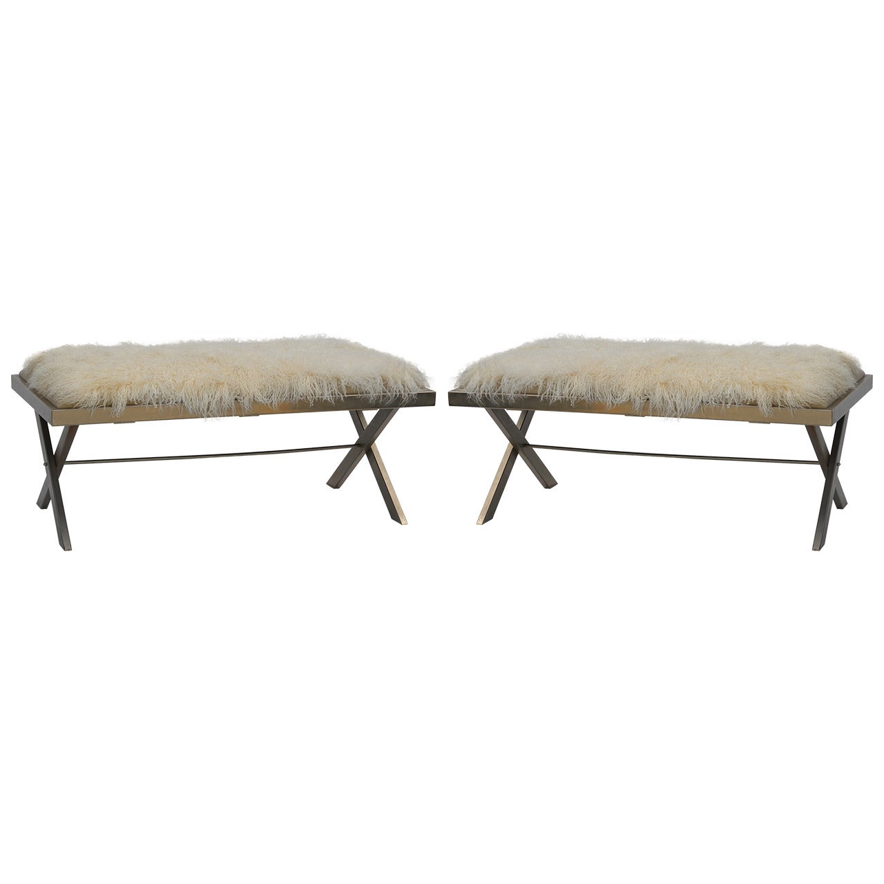 Pair of Stainless Steel and Mongolian Lamb Benches in the Style of Maria Pergay