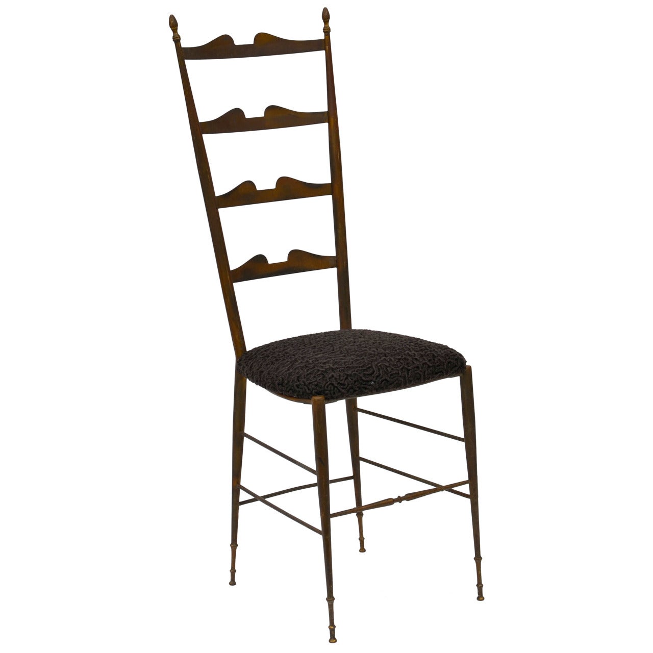 Tall Patinated Brass and Astrakhan Seat Side Chair by Chiavari