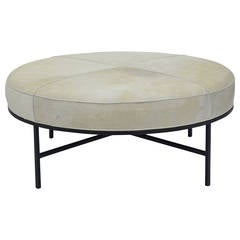 Chic White Hide and Blackened Steel Round Ottoman 1