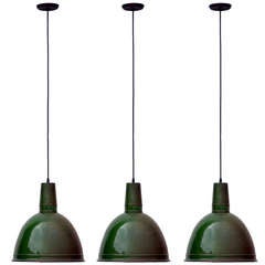 Set Of 3 Enameled Large Green Industrial Hanging Lights