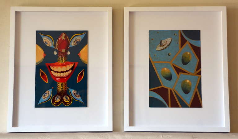 Pair of whimsical surrealist oil on panel paintings in shadow boxes. Signed.