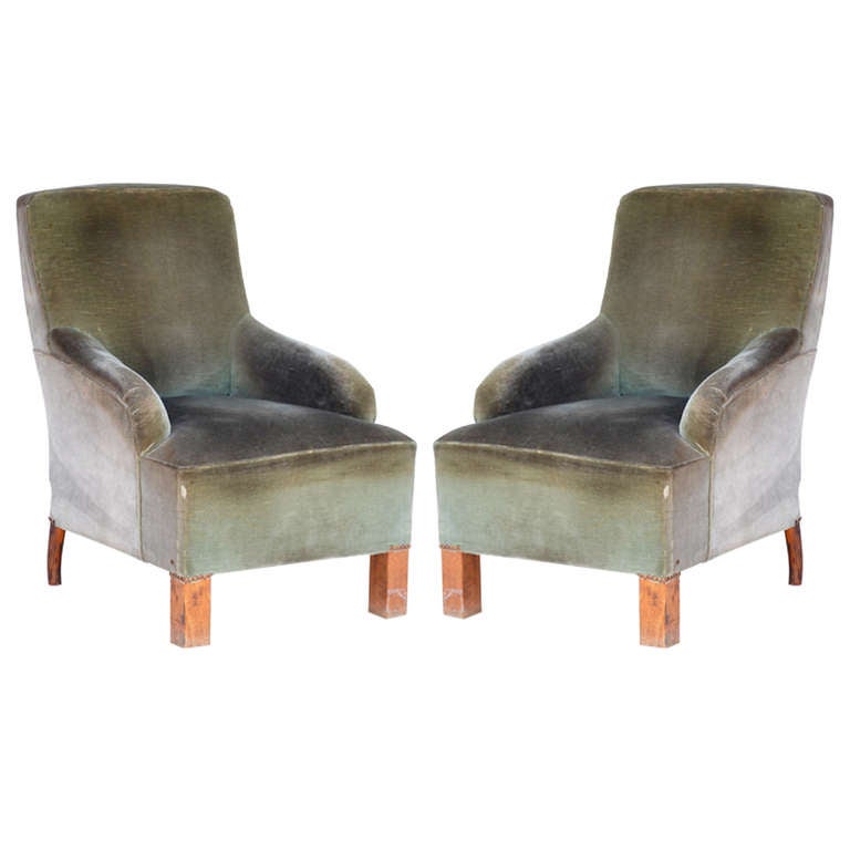 Pair of Transitional French Art Deco Velvet Armchairs For Sale at 1stdibs