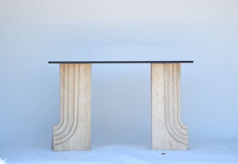 Modern Pair of Sculptural Italian Travertine and Granite Consoles by Carlo Scarpa