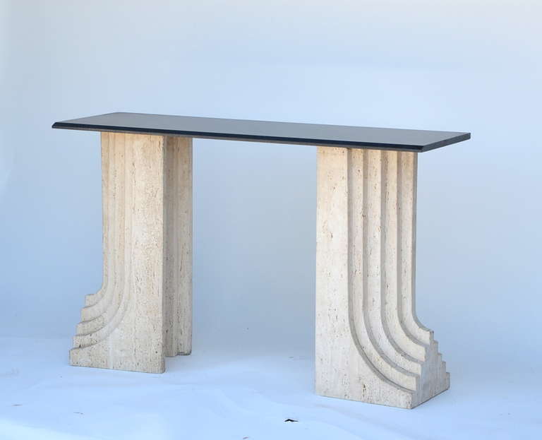Late 20th Century Pair of Sculptural Italian Travertine and Granite Consoles by Carlo Scarpa