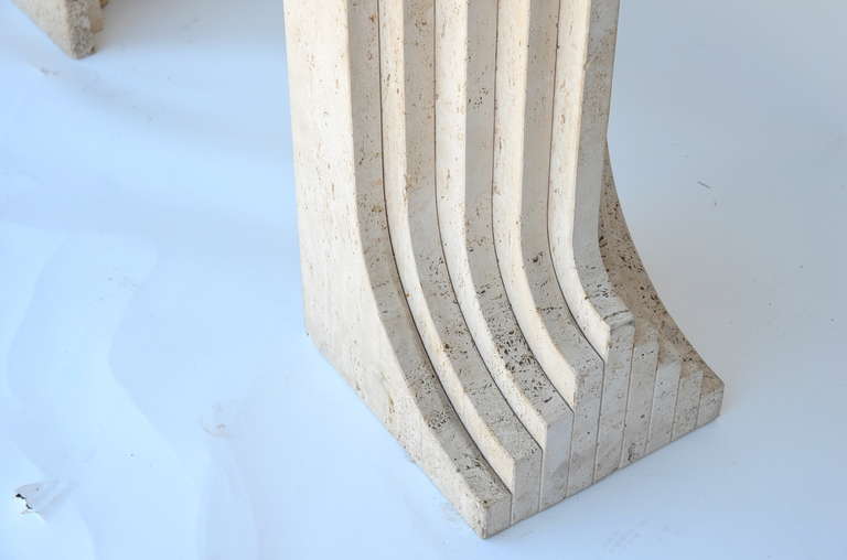 Pair of Sculptural Italian Travertine and Granite Consoles by Carlo Scarpa 1