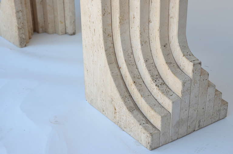 Pair of Sculptural Italian Travertine and Granite Consoles by Carlo Scarpa 2