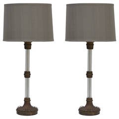 Pair of Heavy Bronze and Glass Stem Lamps with Custom Grey Silk Shades