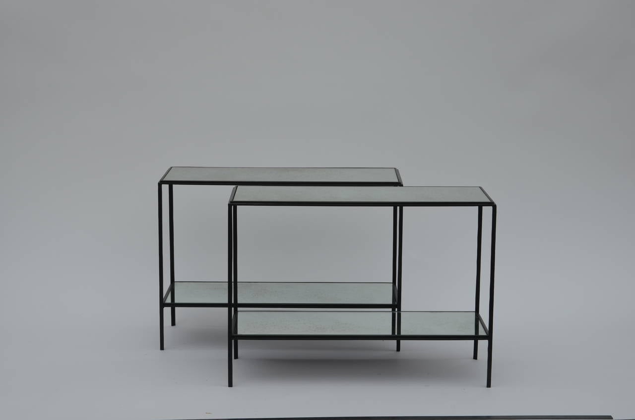 French Pair of Narrow 'Rectiligne' Mirrored Wrought Iron End Tables by Design Frères