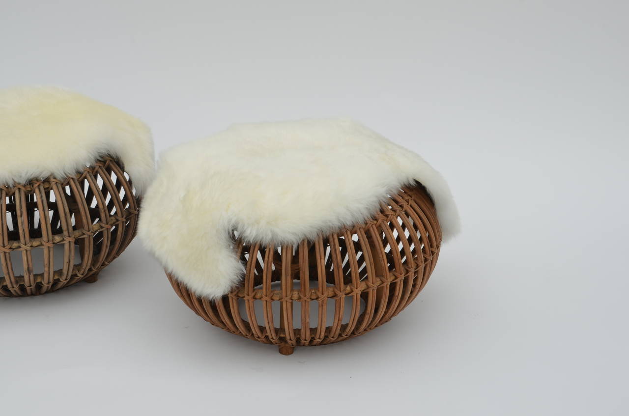 Pair of Sheepskin Covered Ottomans in the Style of Franco Albini.