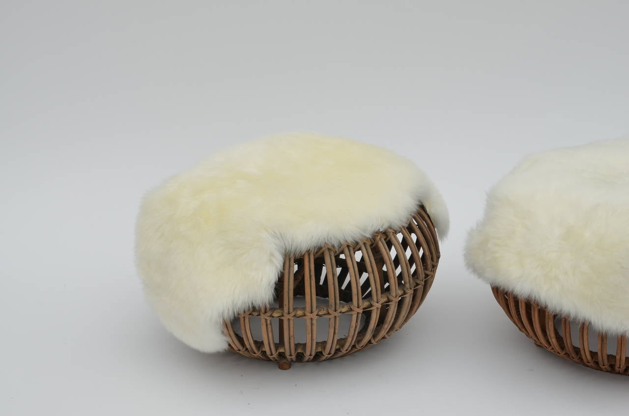 Mid-Century Modern Pair of Sheepskin Covered Ottomans in the Style of Franco Albini