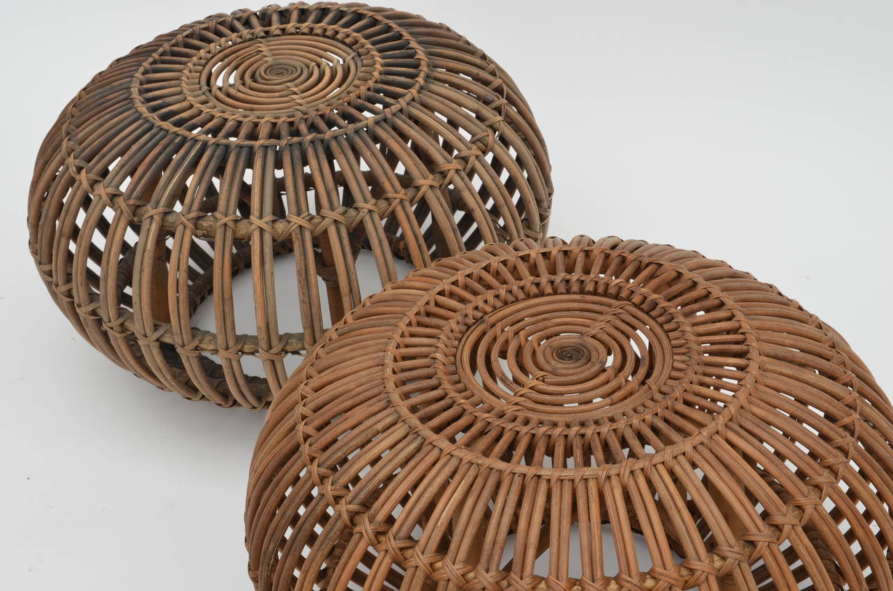 Rattan Pair of Sheepskin Covered Ottomans in the Style of Franco Albini