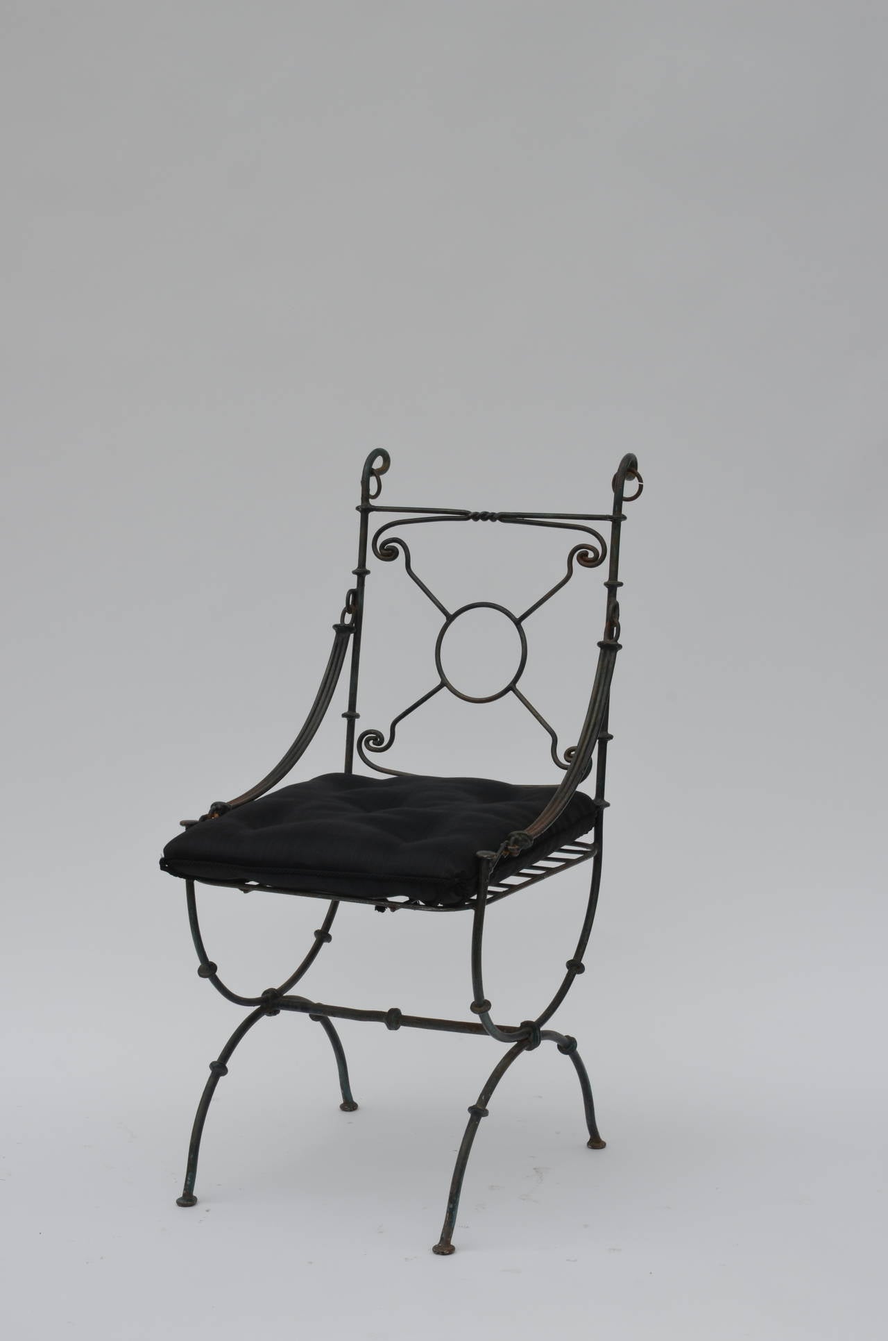 Italian Roman Style Patinated Bronze Side Chair with Horsehair Fabric Seat
