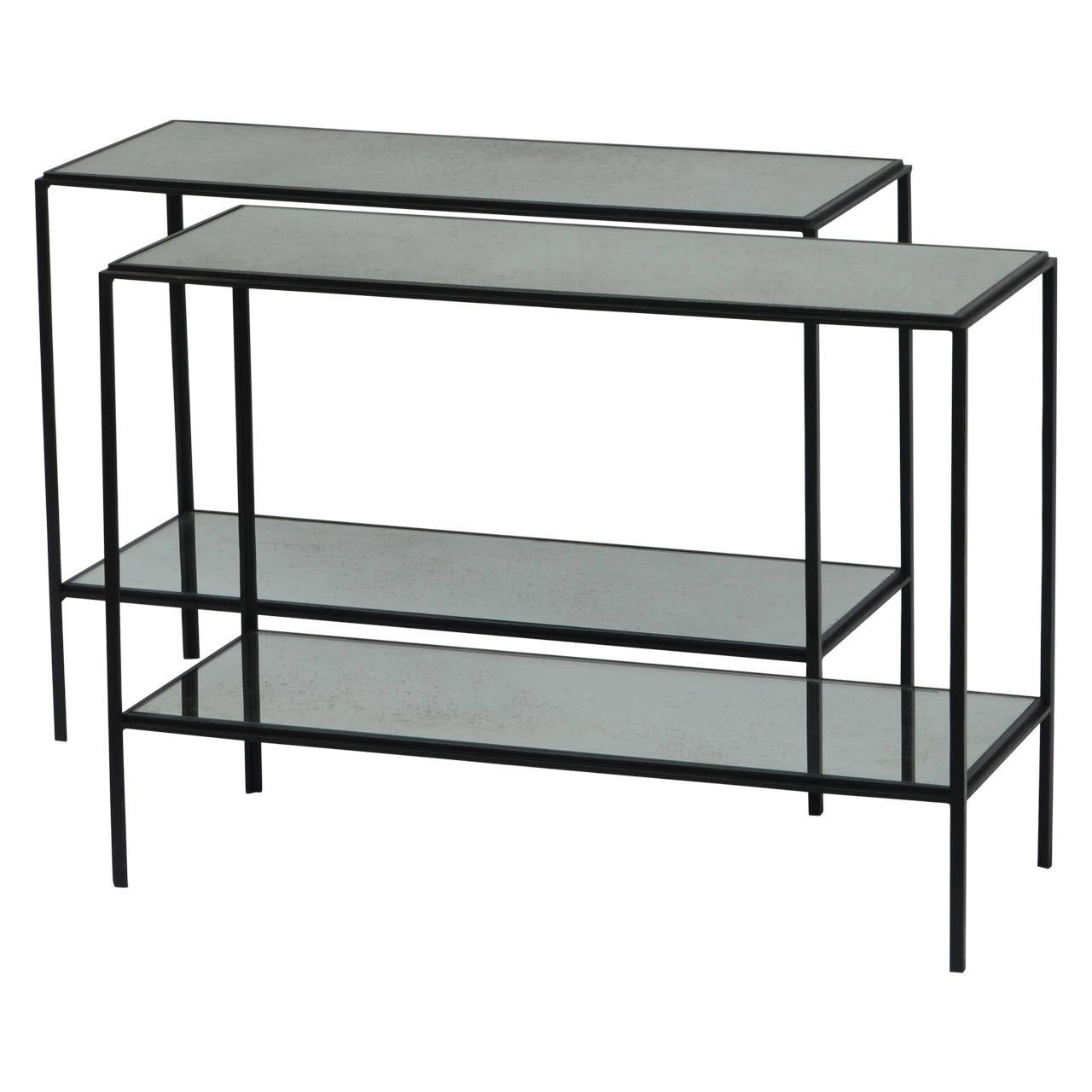 Pair of Narrow 'Rectiligne' Mirrored Wrought Iron End Tables by Design