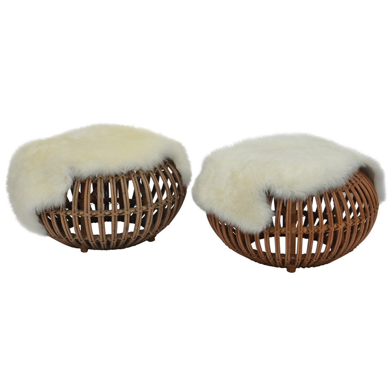 Pair of Sheepskin Covered Ottomans in the Style of Franco Albini