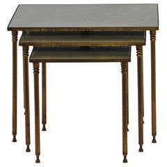 Set of Elegant Antiqued Mirror and Gilt Bronze French Nesting Tables Set of Elegant Antiqued Mirror and Gilt Bronze French Nesting Tables