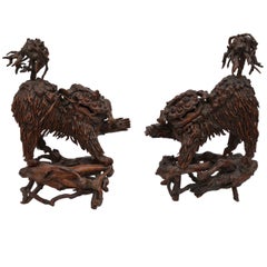 Pair of Rare Chinese Carved Wood Foo Dogs