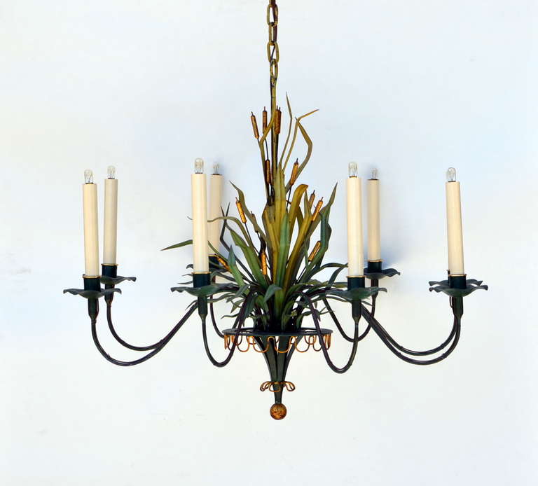 Neoclassical Unique 1940's French Tole Cattail Chandelier