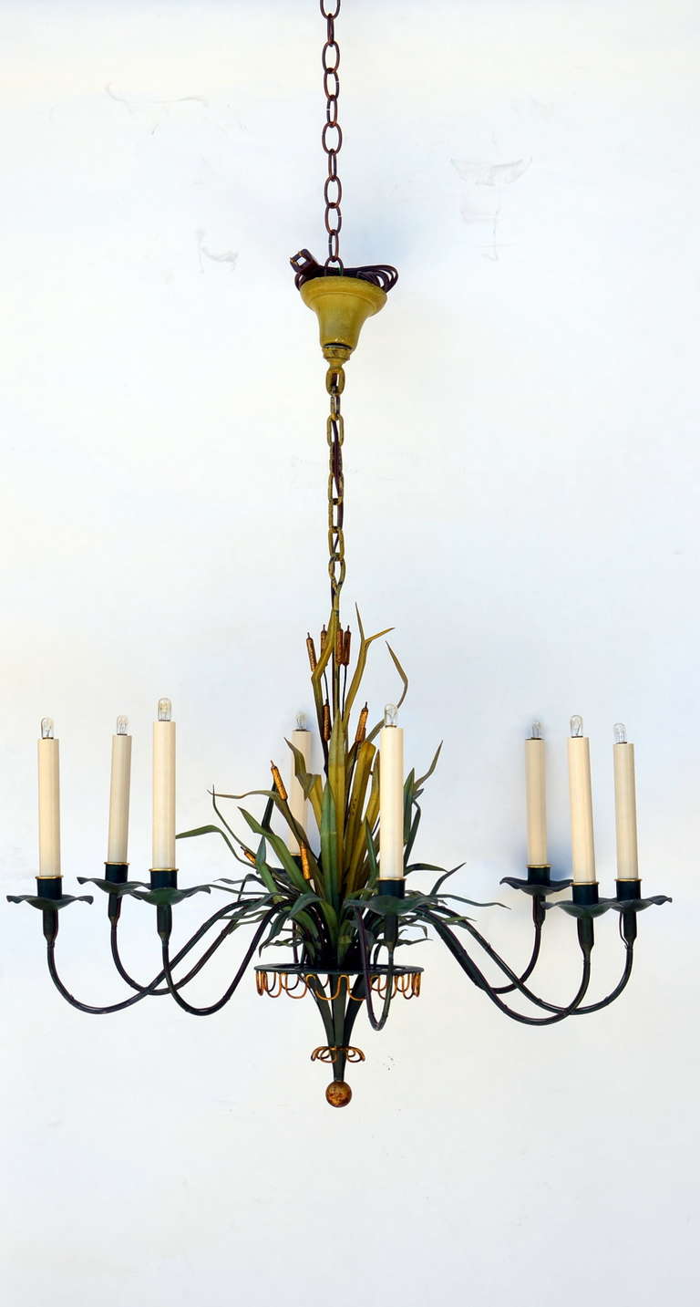 Painted Unique 1940's French Tole Cattail Chandelier