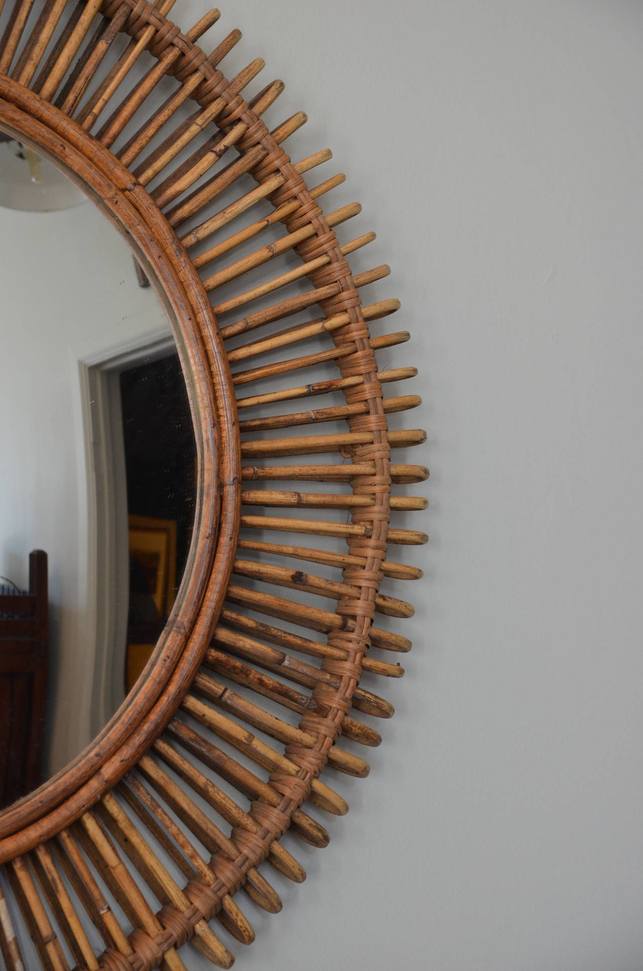 Pair of Large Decorative Convex Rattan Mirrors In Good Condition In Los Angeles, CA