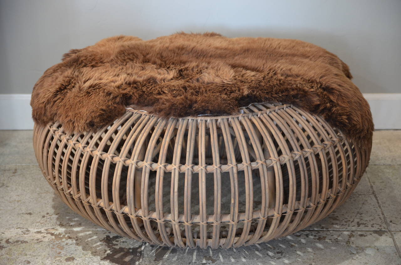 Organic Modern Large Round Rattan Ottoman with Thick Fur Cover by Franco Albini