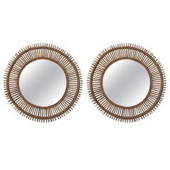 Pair of Large Decorative Convex Rattan Mirrors