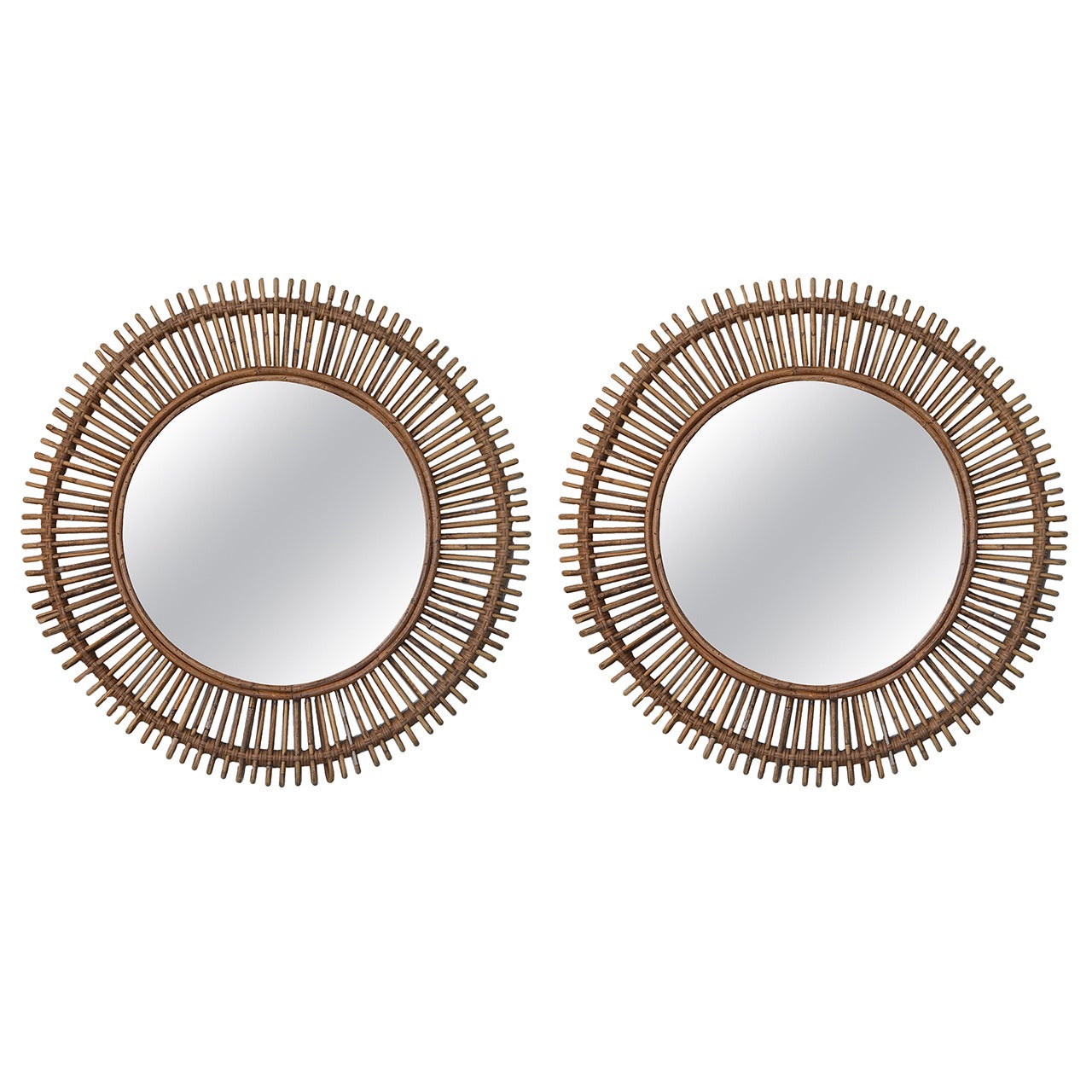 Pair of Large Decorative Convex Rattan Mirrors