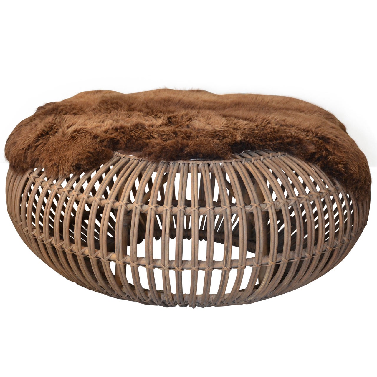 Large Round Rattan Ottoman with Thick Fur Cover by Franco Albini