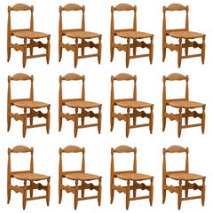 Rare Set of 12 Guillerme et Chambron Blond Oak and Rush Chairs 11
