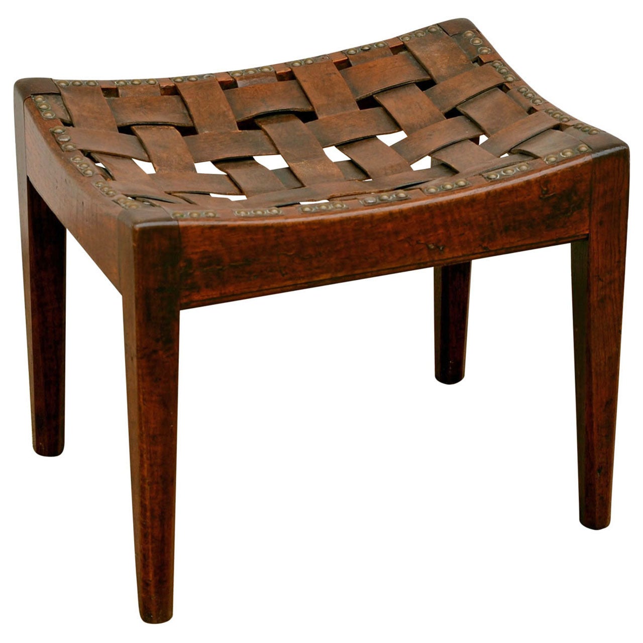 English Arts and Crafts Polished Oak and Leather Stool by Arthur Simpson