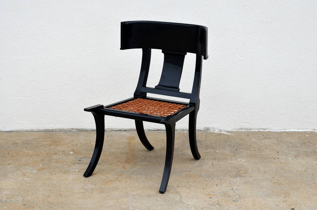 Late 20th Century Pair of Black Lacquer and Brown Leather Klismos Chairs