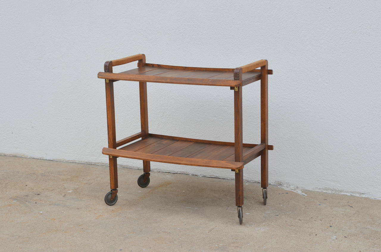 Rolling French 50's Bar Cart Trolley in the Style of Jacques Adnet. Rope and stitched leather handles.