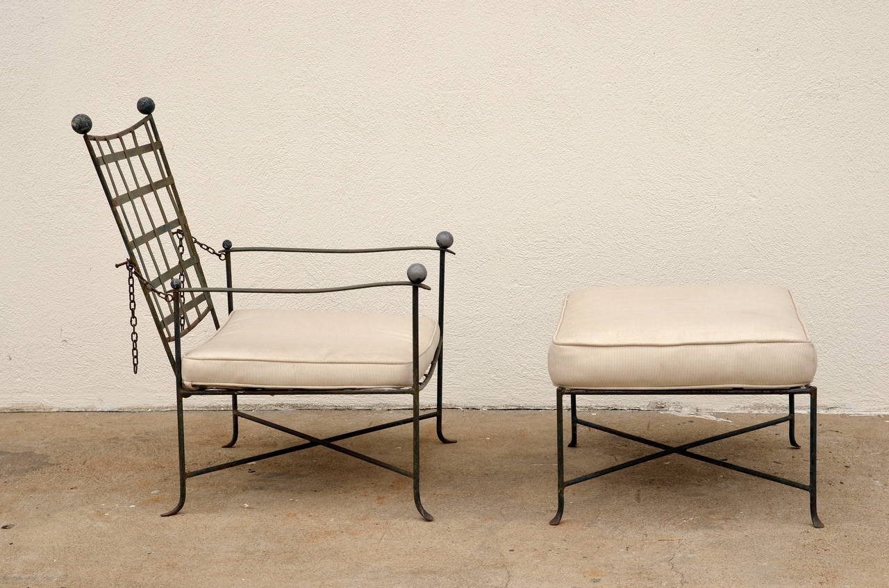 Elegant patio lounge chair and ottoman by Mario Papperzini for John Salterini.

Adjustable back. Would benefit from new cushions with C. O. M. Great for indoors/outdoors.

We also have a matching pair of lounge chairs for a complete four-piece