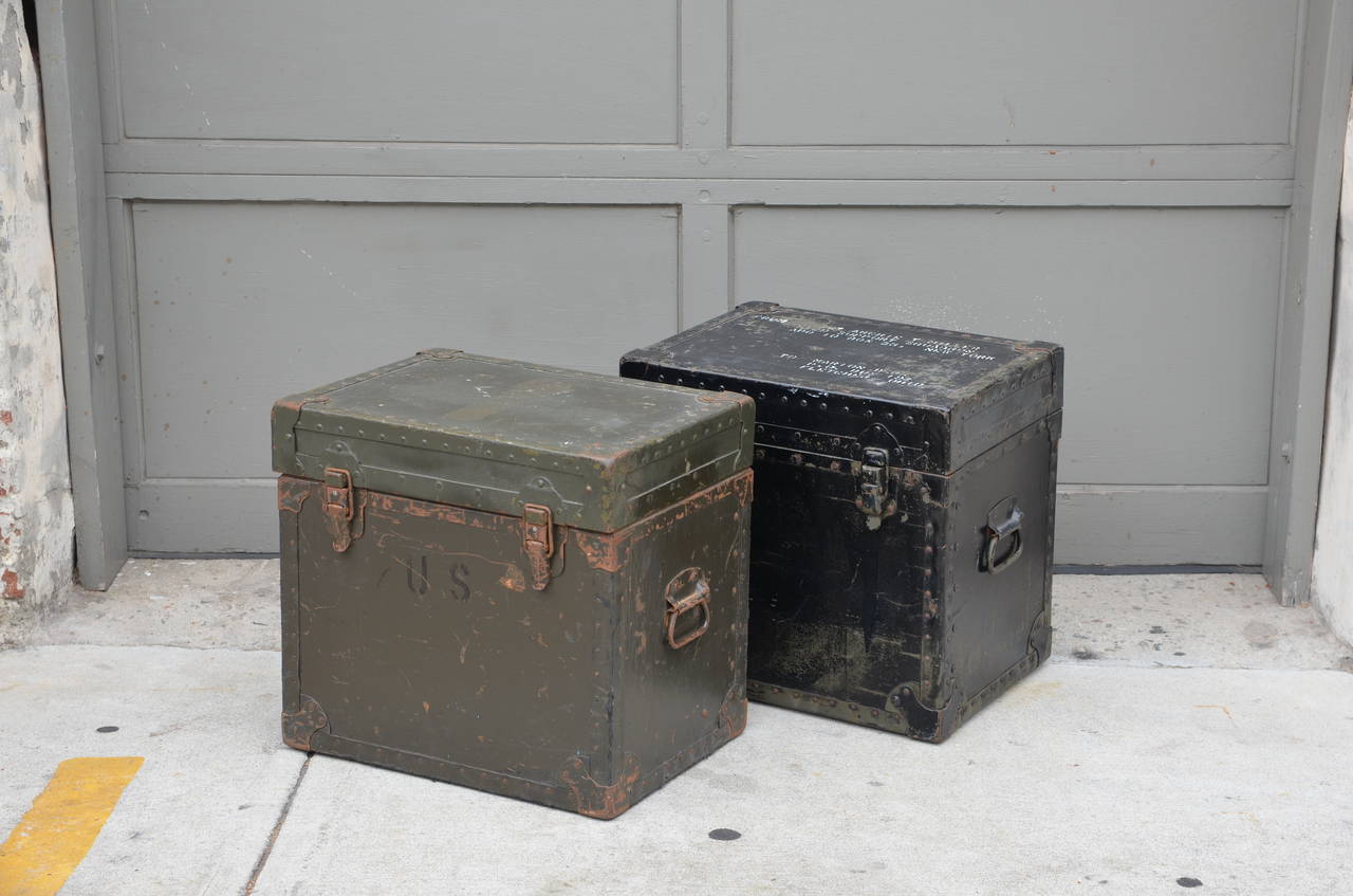 Compact Army trunk. Can be used as a side table or as a decorative piece. The Listing is only for the green khaki trunk on the left.