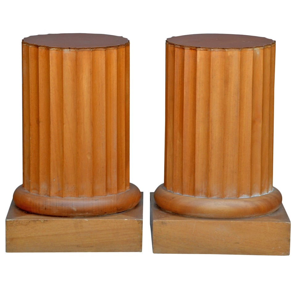 Pair of Neoclassical oak column shaped side tables / stools