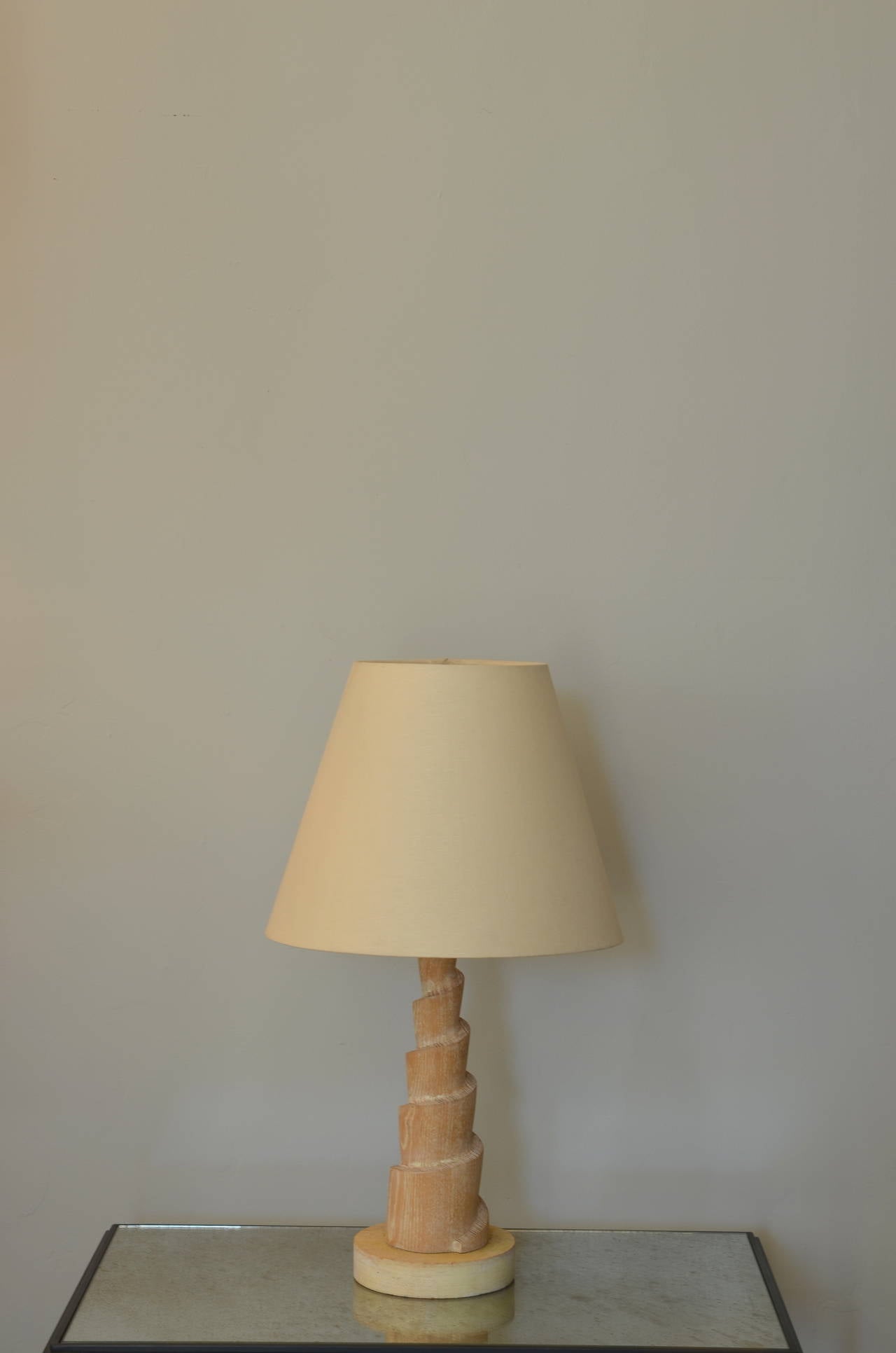 Art Deco Cerused Oak Spiral Lamp with Custom Linen Shade