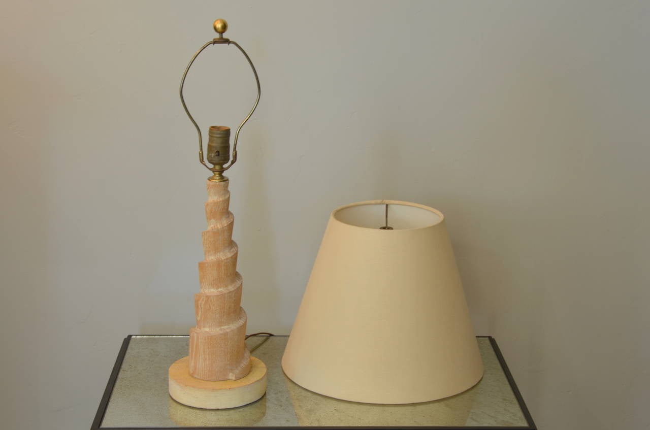 Cerused Oak Spiral Lamp with Custom Linen Shade In Good Condition In Los Angeles, CA